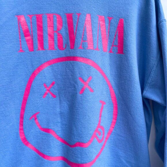 Nirvana Sweatshirt Blue with Pink Logo – Grunge Graphic Pullover - Picture 2 of 7